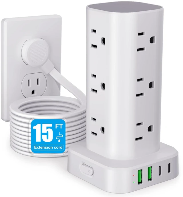 Main image of 15FT Power Strip Tower Surge Protector, 12 Wide Spaced Outlets, 4 USB 16-in-1 Desktop Charging Station with 2USB-C,2USB-A, Flat Plug, 15FT Cord, 1800J Surge Protection for Home Office, Dorm White