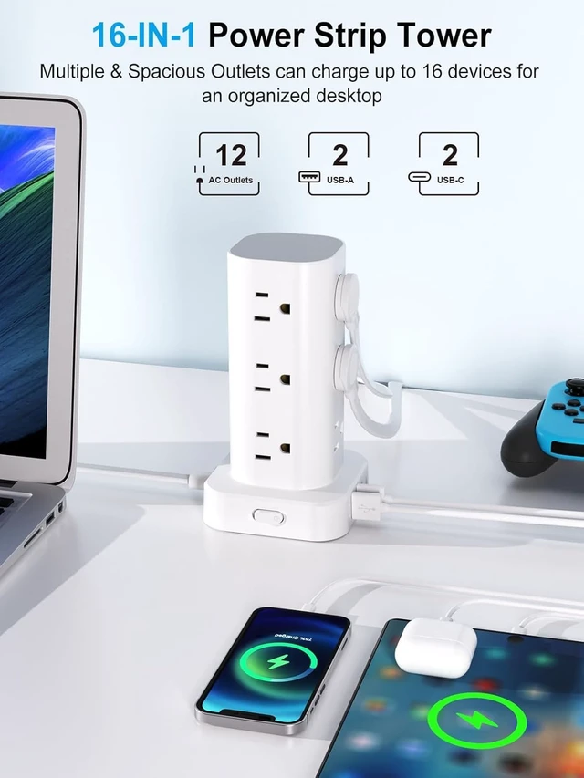 Alt view image 2 of 7 - 15FT Power Strip Tower Surge Protector, 12 Wide Spaced Outlets, 4 USB 16-in-1 Desktop Charging Station with 2USB-C,2USB-A, Flat Plug, 15FT Cord, 1800J Surge Protection for Home Office, Dorm White