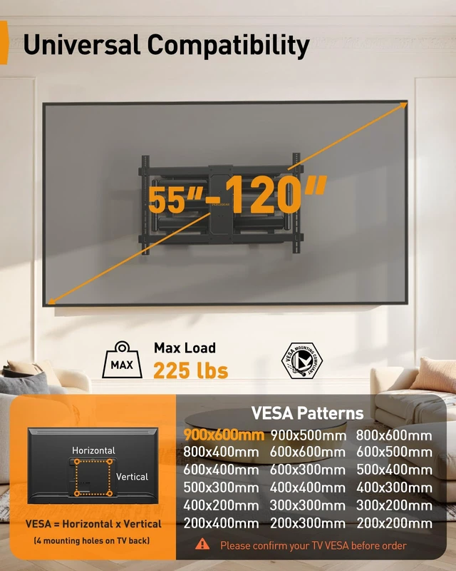Alt view image 2 of 7 - Full Motion TV Mount for 55120 inch TVs up to 225 lbs Extension, swivel, tilt and post-install leveling, reinforced steel design for lasting stability, Max VESA 900x600mm