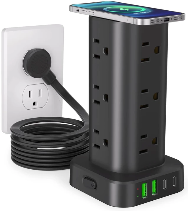 Main image of Power Strip Tower with Wireless Charger,Surge Protector with 12 Outlets 10FT Extension Cord,15W Wireless Charging Power Tower with 4 USB Ports, Flat Plug,1800J Protection for Home Office Dorm,Black