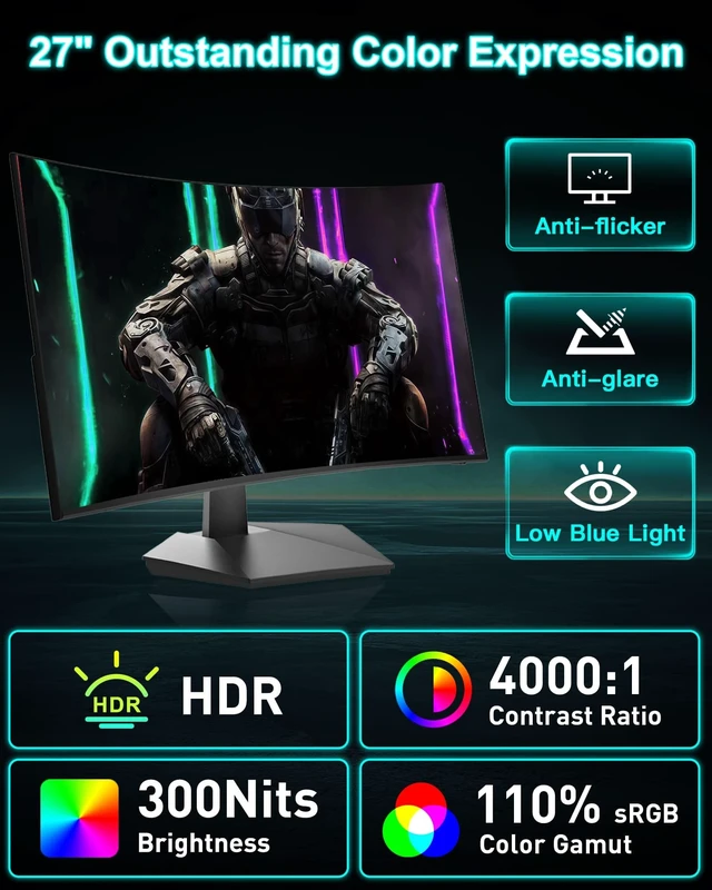 Alt view image 7 of 7 - 27 Inch Curved 160Hz Gaming Monitor 144Hz FHD 1080P Computer Monitor 27 1500R Curved PC Monitor, FPS/RTS, MPRT 1Ms, FreeSync, HDR, 4000:1, 110% sRGB, Low Blue Light, HDMI DP Ports for Gaming