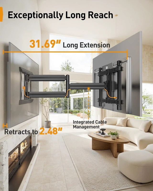 Alt view image 4 of 7 - Full Motion TV Mount for 55120 inch TVs up to 225 lbs Extension, swivel, tilt and post-install leveling, reinforced steel design for lasting stability, Max VESA 900x600mm