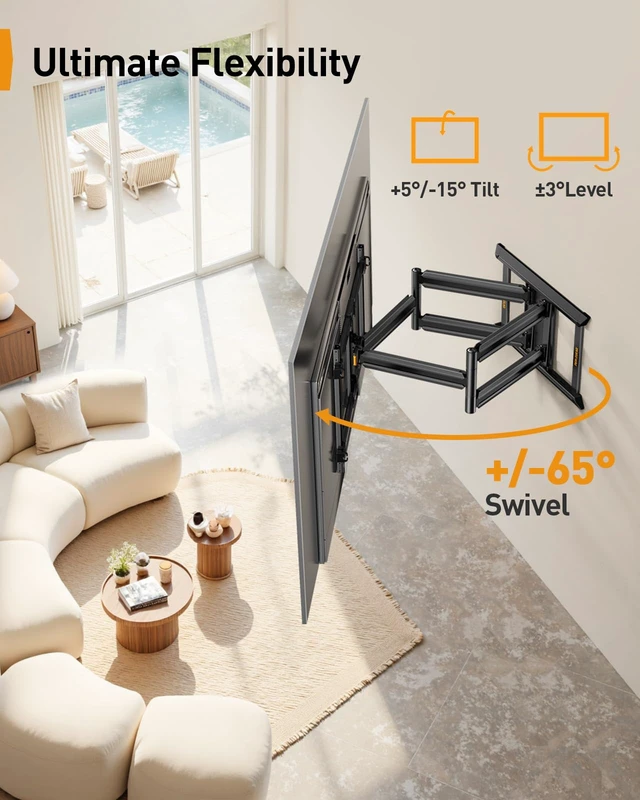 Alt view image 5 of 7 - Full Motion TV Mount for 55120 inch TVs up to 225 lbs Extension, swivel, tilt and post-install leveling, reinforced steel design for lasting stability, Max VESA 900x600mm