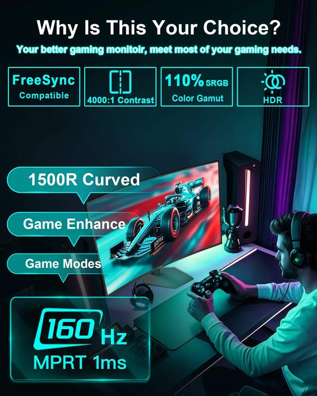Alt view image 2 of 7 - 27 Inch Curved 160Hz Gaming Monitor 144Hz FHD 1080P Computer Monitor 27 1500R Curved PC Monitor, FPS/RTS, MPRT 1Ms, FreeSync, HDR, 4000:1, 110% sRGB, Low Blue Light, HDMI DP Ports for Gaming