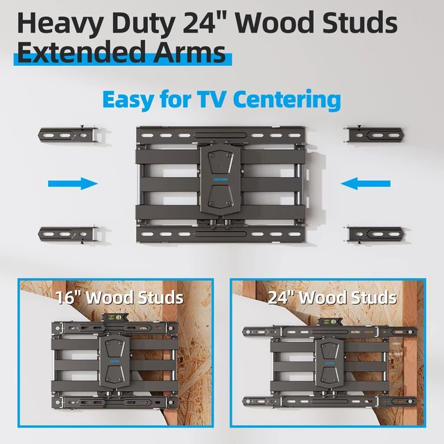 Alt view image 3 of 7 - Full Motion TV Wall Mount 24 inch Stud for 65 70 75 85 86 Inch TVs Fit 42-86" TV, Holds 110lbs, Swivel +/-45°, Tilt +5°/-15°, Level +/-4°, 16.79 inch Extension, VESA 600x400mm, Fits 24" Stud