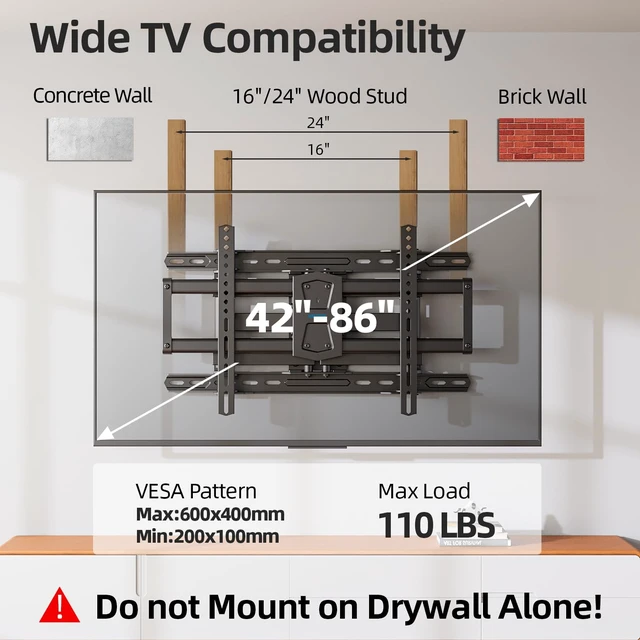 Alt view image 2 of 7 - Full Motion TV Wall Mount 24 inch Stud for 65 70 75 85 86 Inch TVs Fit 42-86" TV, Holds 110lbs, Swivel +/-45°, Tilt +5°/-15°, Level +/-4°, 16.79 inch Extension, VESA 600x400mm, Fits 24" Stud