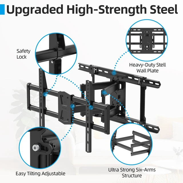 Alt view image 4 of 7 - Full Motion TV Wall Mount 24 inch Stud for 65 70 75 85 86 Inch TVs Fit 42-86" TV, Holds 110lbs, Swivel +/-45°, Tilt +5°/-15°, Level +/-4°, 16.79 inch Extension, VESA 600x400mm, Fits 24" Stud