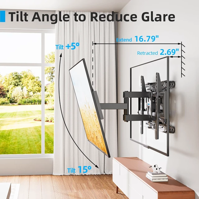 Alt view image 5 of 7 - Full Motion TV Wall Mount 24 inch Stud for 65 70 75 85 86 Inch TVs Fit 42-86" TV, Holds 110lbs, Swivel +/-45°, Tilt +5°/-15°, Level +/-4°, 16.79 inch Extension, VESA 600x400mm, Fits 24" Stud