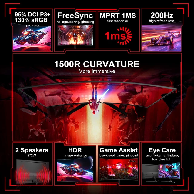 Alt view image 2 of 7 - 27 Inch Curved Gaming Monitor 200Hz 1ms with Speakers FHD 1080P Computer Monitor FreeSync 1500R 130% sRGB HDR Low Blue Light HDMI DP Ports VESA Mount Metal Stand(HDMI Cable Incl.)