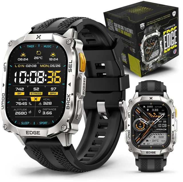 Main image of Edge Military Smart Watch for Men, Fitness Tracker, GPS, Silver MIL-STD-810H tested, stainless steel, Bluetooth calling, 1.96" AMOLED, 5ATM waterproof swim-ready, for Android and iOS