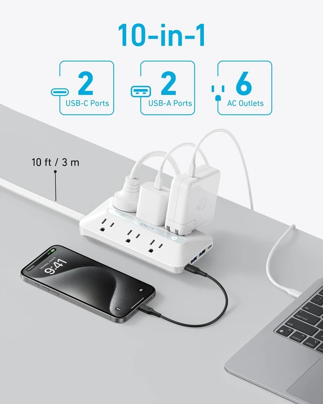 Alt view image 3 of 6 - Flat Plug Power Strip(300J), 20W USB-C, 10-in-1 Ultra Thin Power Strip with 6 AC, 2 USB-A/2 USB-C,10feet Extension Cord, Desk Charging Station,Home Office College Dorm Essentials (Pack of 2)