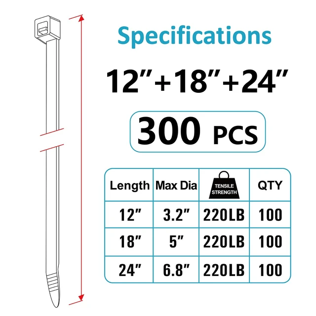 Alt view image 2 of 7 - Zip Ties, Zip Ties Heavy Duty, Assorted Sizes (12"+18"+24")-300 Pack, Cable ties, Large Zipties Heavy Duty Black, Wire Ties with 220 lb Tensile Strength for Outdoor Use, Long Zip Tie