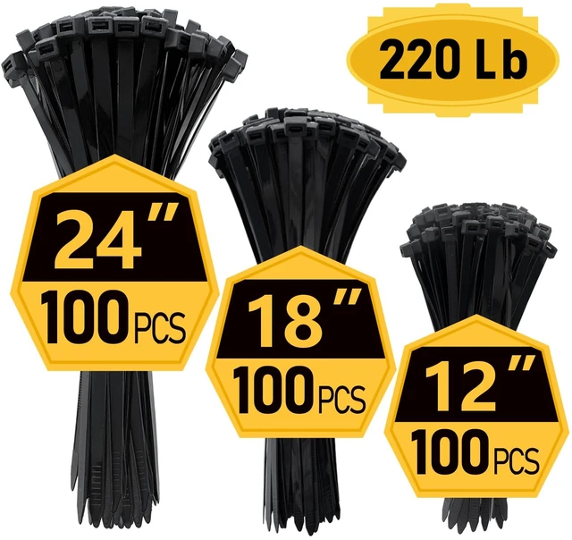 Main image of Zip Ties, Zip Ties Heavy Duty, Assorted Sizes (12"+18"+24")-300 Pack, Cable ties, Large Zipties Heavy Duty Black, Wire Ties with 220 lb Tensile Strength for Outdoor Use, Long Zip Tie