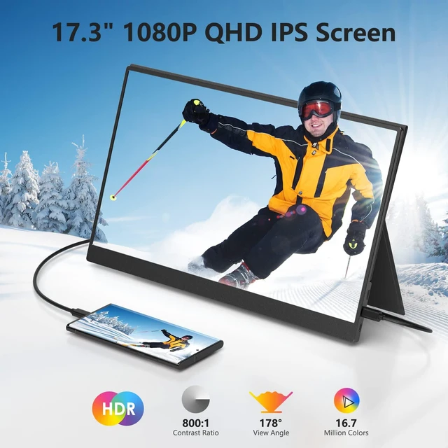 Alt view image 3 of 7 - 17.3" Portable Monitor 1080P FHD 144Hz Narrow Edge Laptop Monitor USB C HDMI Gaming Computer IPS HDR Screen, Travel Monitor for PC Mac Phone Xbox PS5 Switch Laptop w/Smart Cover & Speakers