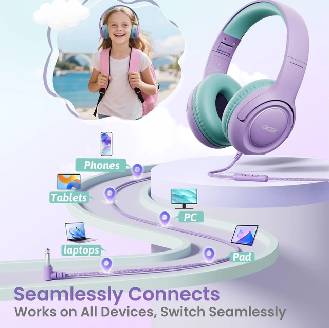 Alt view image 5 of 6 - 2Pack Kids Headphones for School, 3.5mm Jack, w/Mic HK032P 85-94dB Limiter, Foldable Wired Over Ear Headphones, for Toddler School/Tablet/iPad/PC/Travel