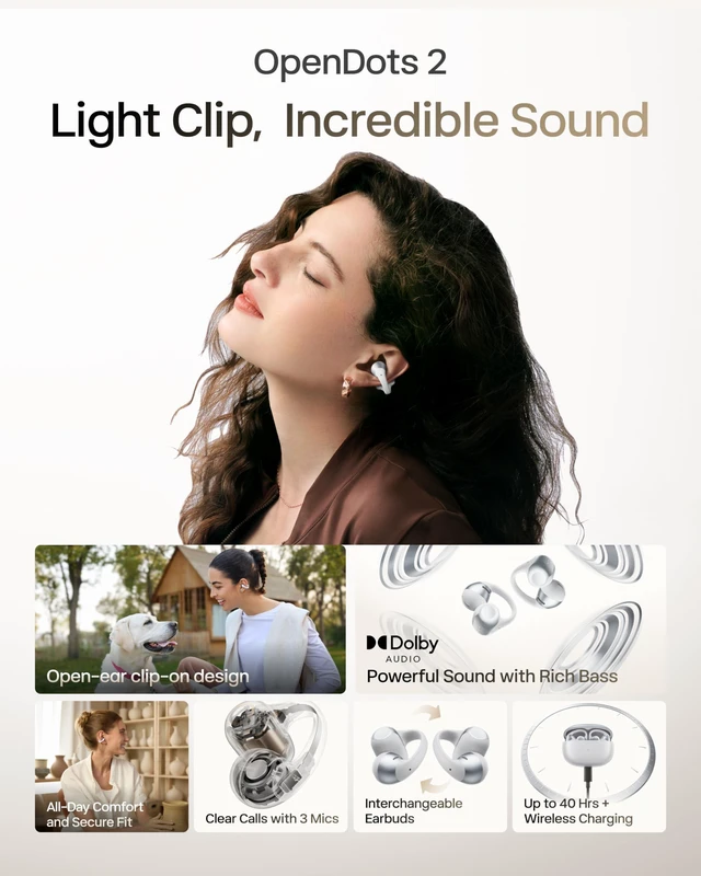 Alt view image 2 of 7 - OpenDots 2 Open-Ear Clip-On Earbuds, Grey, Dolby Audio, 3 Mics Rich bass with Dolby Audio; 3-mic clear calls; 40H listening; IP57; Bluetooth 6.1; Travel/City walk/Commuting/Yoga/Pilates