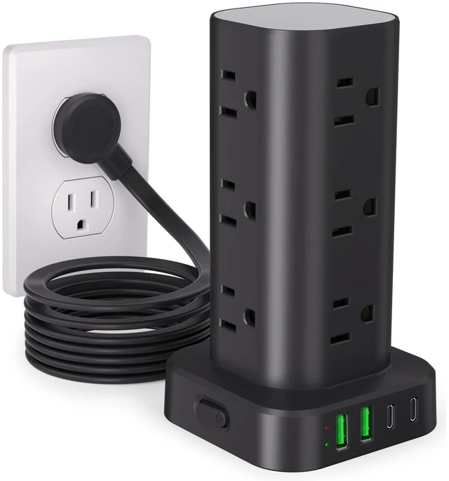 Main image of 10FT Power Strip Tower Surge Protector, 12 Wide Spaced Outlets, 4 USB 16-in-1 Desktop Charging Station with 2USB-C,2USB-A, Flat Plug, 10FT Cord, 1800J Surge Protection for Home Office, Dorm Black
