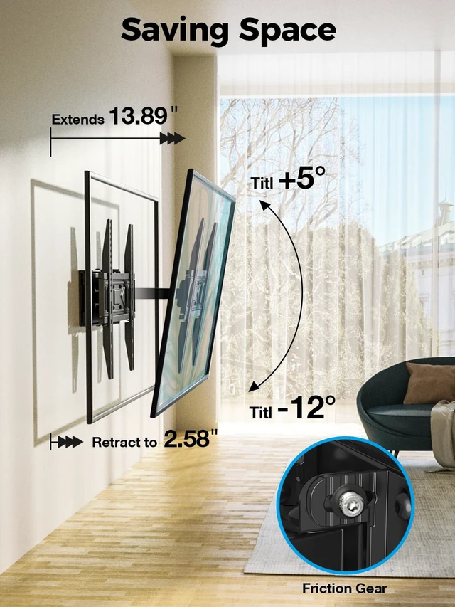 Alt view image 4 of 7 - UL Listed Full Motion TV Wall Mount Bracket 40 50 55 65 inch TVs Fit Most 32-70 inch TVs, 99lbs,16" Stud, VESA 400x400mm, ±45° Swivel, +5°/-12° Tilt, ±4° level, 2.58-13.89" extend