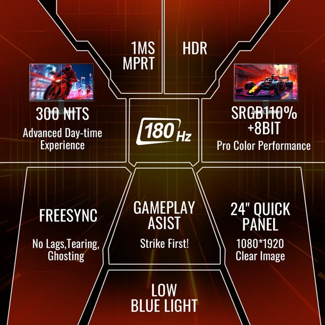 Alt view image 2 of 7 - 24 Inch 180Hz Gaming Computer Monitor, FHD 1080P for Game Office 1ms Response Time, 110% sRGB, FreeSync, HDMI DP Ports, VESA Support, HDMI Cable Included