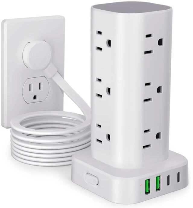 Main image of 10FT Power Strip Tower Surge Protector, 12 Wide Spaced Outlets, 4 USB 16-in-1 Desktop Charging Station with 2USB-C,2USB-A, Flat Plug, 10FT Cord, 1800J Surge Protection for Home Office, Dorm White