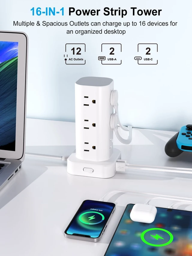 Alt view image 2 of 7 - 10FT Power Strip Tower Surge Protector, 12 Wide Spaced Outlets, 4 USB 16-in-1 Desktop Charging Station with 2USB-C,2USB-A, Flat Plug, 10FT Cord, 1800J Surge Protection for Home Office, Dorm White