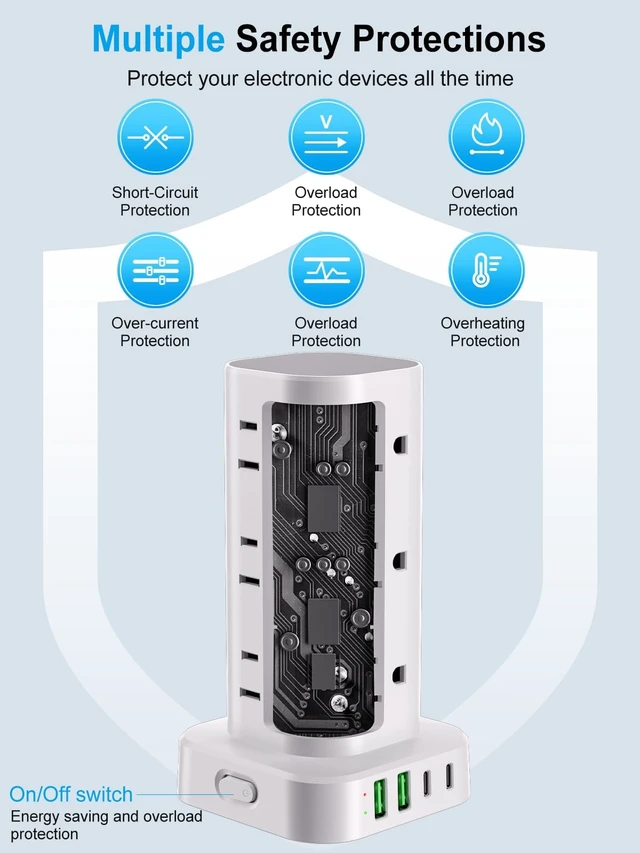 Alt view image 7 of 7 - 10FT Power Strip Tower Surge Protector, 12 Wide Spaced Outlets, 4 USB 16-in-1 Desktop Charging Station with 2USB-C,2USB-A, Flat Plug, 10FT Cord, 1800J Surge Protection for Home Office, Dorm White