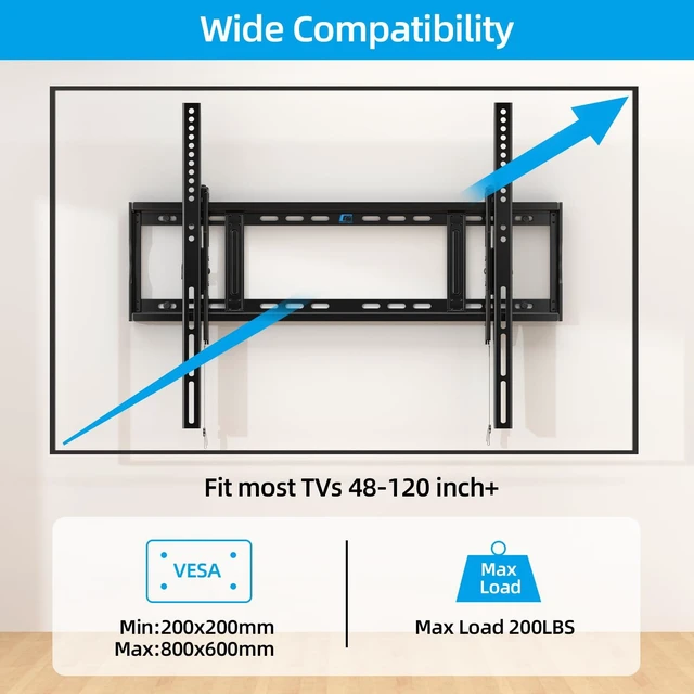 Alt view image 2 of 7 - Heavy Duty Tilt TV Wall Mount for 48-120 Inch Flat Screen Max VESA 800x600mm, Holds up to 200 lbs, Fits 8-28" Wood Studs, Universal Low Profile TV Bracket for LED OLED LCD, HV9801