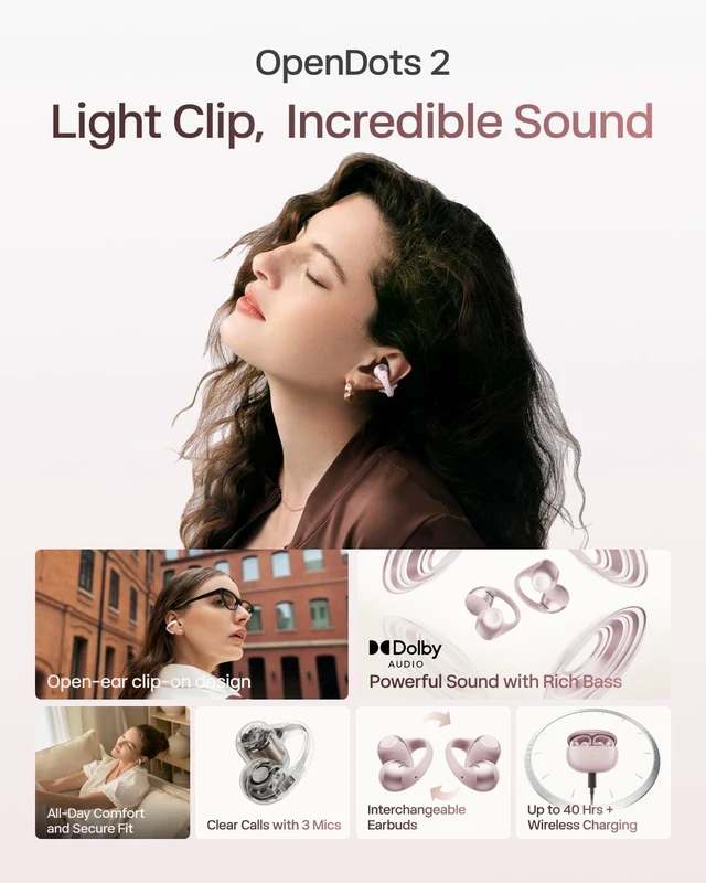 Alt view image 2 of 7 - OpenDots 2 Open-Ear Clip-On Earbuds with Upgraded Dolby Audio, 3-Mic Clear Calls, Rich Bass, Up to 40 Hrs of Audio, Wireless Charging, Interchangeable Left/Right Earbuds, IP57, Bluetooth 6.1
