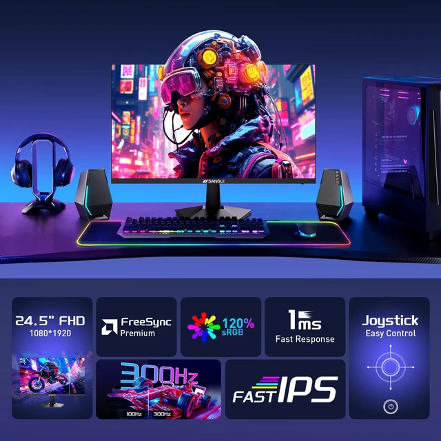 Alt view image 6 of 7 - 24.5 Inch 300hz 240hz, FHD 1080P Gaming Monitor for FPS PC Gaming Fast IPS, DisplayPort x2, HDMI x2, HDR, FreeSync, 120% sRGB, Audio Jack, VESA Support, Desktop Compatible(ES-G25X1 PRO)