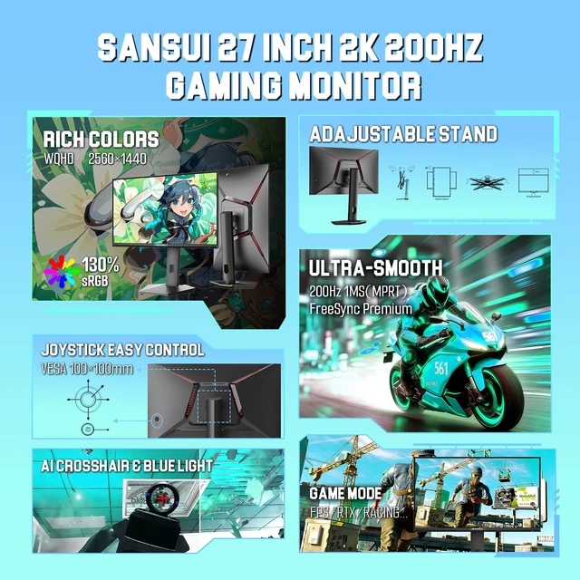 Alt view image 2 of 7 - Gaming Monitor 27" 1440P 200Hz 180Hz WQHD 2560×1440-AMD FreeSync 1ms DCI-P3 95% Fast IPS Computer Monitor,Height Adjustable Vertical/Horizontal Rotating, 2×DisplayPort/HDMI HDRLow Motion Blur