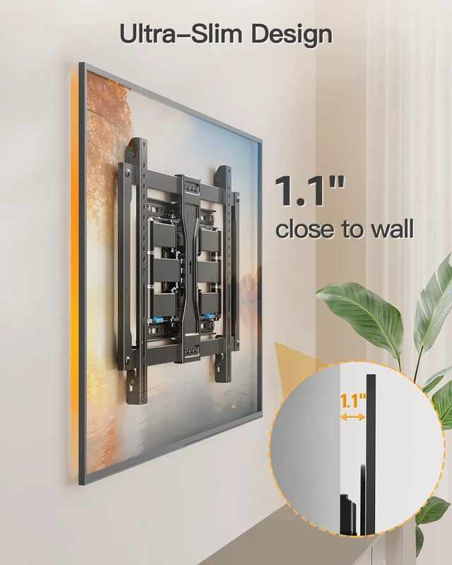Alt view image 2 of 7 - Ultra Slim TV Mount for 37-90" TVs, Max VESA 600x400, 132 lbs. 1.1in low profile space-saving design, swivel & tilt function, fits 12/16 inch wall studs for large TVs