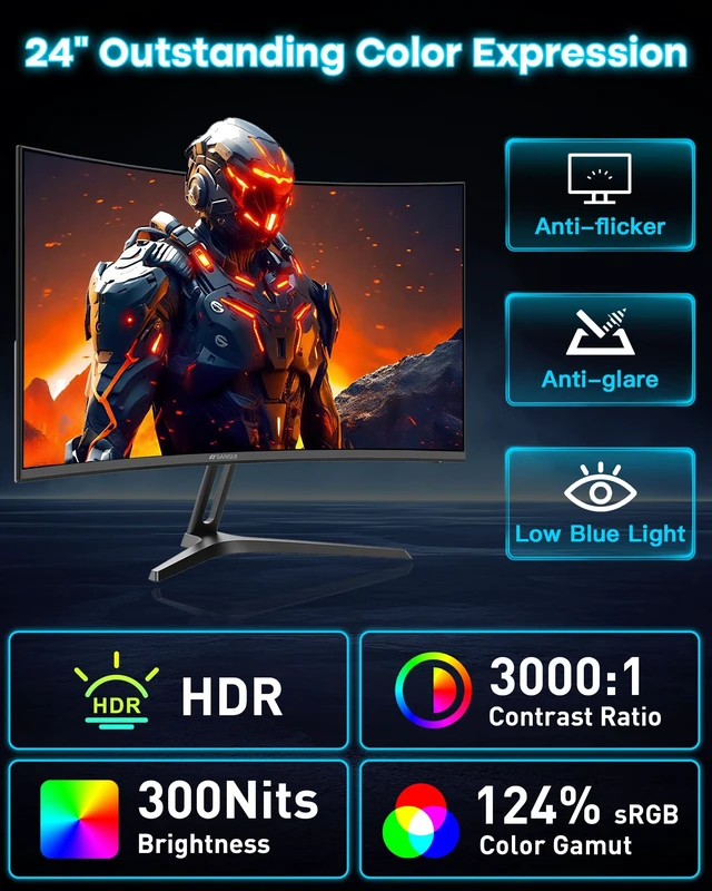 Alt view image 7 of 7 - 24 Inch Curved 240Hz Gaming Monitor FHD 1080P, 1500R Curved Computer Monitor, 124%sRGB, 3000:1 Contrast Ratio, HDR, FreeSync, MPRT 1Ms, Low Blue Light, HDMI DP ports.(ES-G24C1 PRO DP Cable Incl)