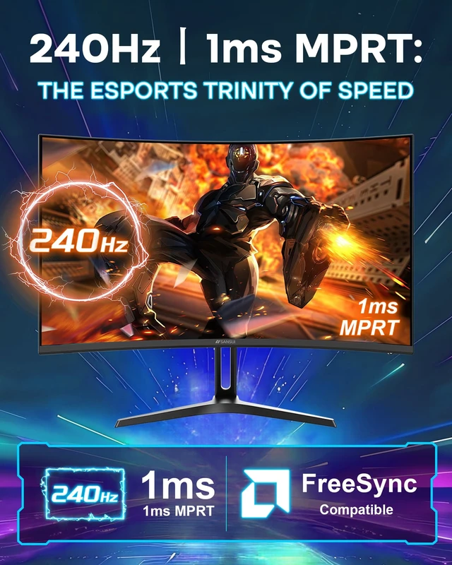 Alt view image 3 of 7 - 24 Inch Curved 240Hz Gaming Monitor FHD 1080P, 1500R Curved Computer Monitor, 124%sRGB, 3000:1 Contrast Ratio, HDR, FreeSync, MPRT 1Ms, Low Blue Light, HDMI DP ports.(ES-G24C1 PRO DP Cable Incl)