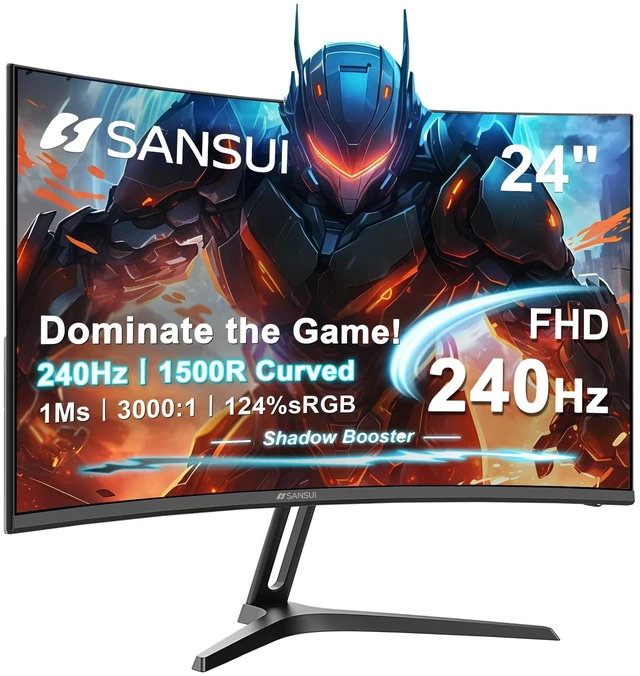 Main image of 24 Inch Curved 240Hz Gaming Monitor FHD 1080P, 1500R Curved Computer Monitor, 124%sRGB, 3000:1 Contrast Ratio, HDR, FreeSync, MPRT 1Ms, Low Blue Light, HDMI DP ports.(ES-G24C1 PRO DP Cable Incl)