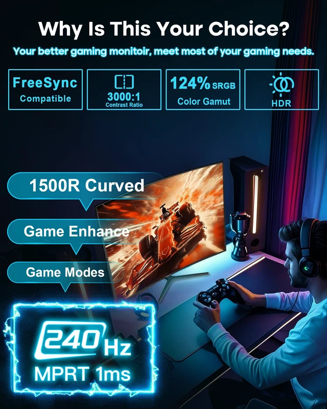 Alt view image 2 of 7 - 24 Inch Curved 240Hz Gaming Monitor FHD 1080P, 1500R Curved Computer Monitor, 124%sRGB, 3000:1 Contrast Ratio, HDR, FreeSync, MPRT 1Ms, Low Blue Light, HDMI DP ports.(ES-G24C1 PRO DP Cable Incl)