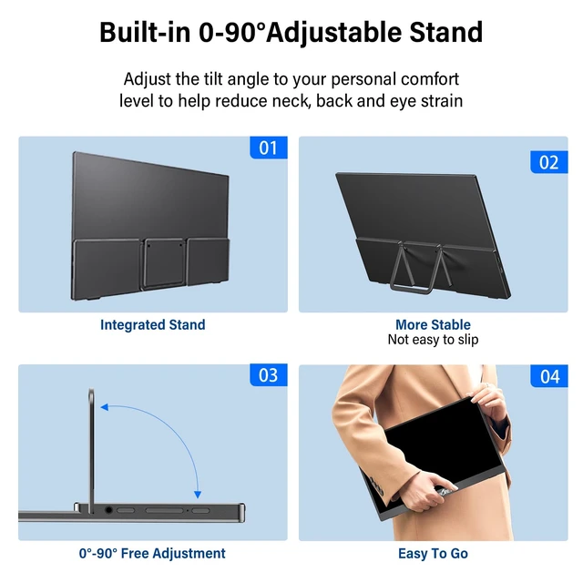 Alt view image 7 of 7 - 15.6" Portable Monitor 60Hz Touchscreen 1080P 10-Point Touch Screen Monitor Portable with Protective Sleeve Built-in Stand, 1200:1 HDMI USB C Travel Monitors for Laptop, PC, Phone