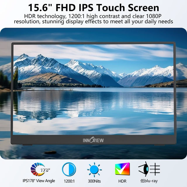 Alt view image 3 of 7 - 15.6" Portable Monitor 60Hz Touchscreen 1080P 10-Point Touch Screen Monitor Portable with Protective Sleeve Built-in Stand, 1200:1 HDMI USB C Travel Monitors for Laptop, PC, Phone
