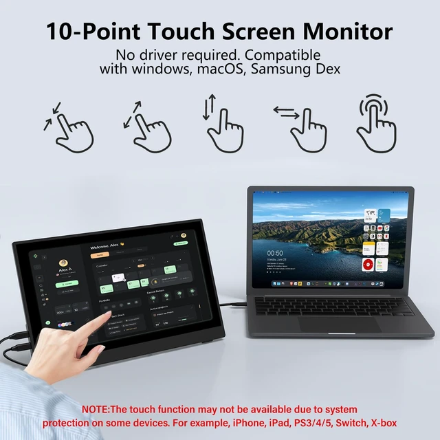 Alt view image 5 of 7 - 15.6" Portable Monitor 60Hz Touchscreen 1080P 10-Point Touch Screen Monitor Portable with Protective Sleeve Built-in Stand, 1200:1 HDMI USB C Travel Monitors for Laptop, PC, Phone
