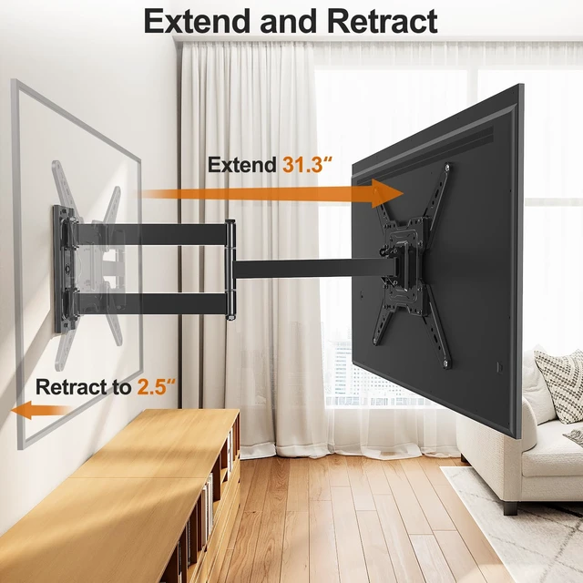 Alt view image 2 of 7 - 31.3in Long Arm TV Mount for 32-65" TVs, Max VESA 400x400, 99 lbs. Full motion swivel & tilt design, ultra long extension wall bracket, sturdy hardware for household flat screen televisions