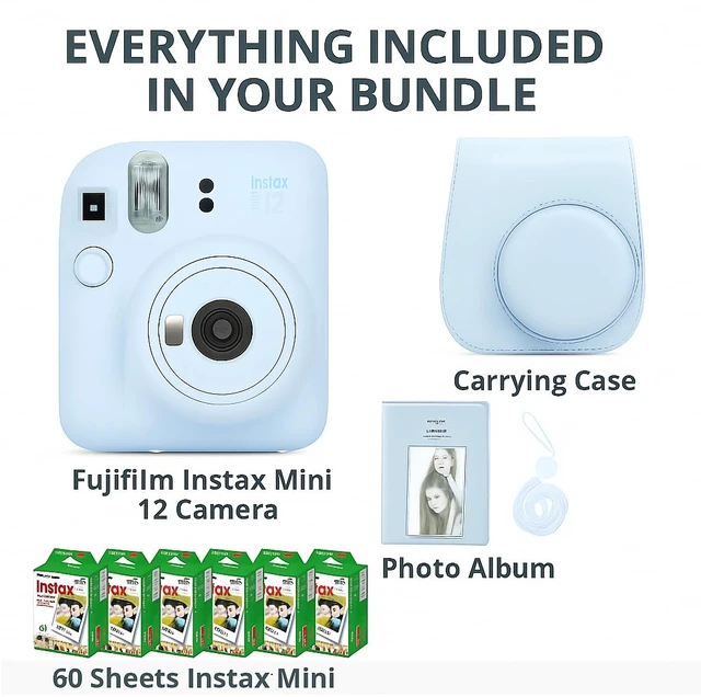 Alt view image 3 of 7 - Instax Mini 12 Instant Camera Lilac Purple & 60 Fuji Film Sheets Bundle with Sturdy Tiger Accessories, Carrying Case and 64-Pocket Photo Album