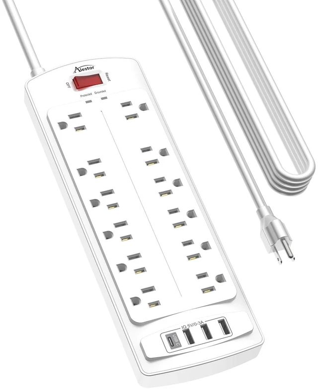 Main image of 20 Ft Surge Protector Power Strip with 12 Outlets and 4 USB Ports 2700 Joules, 20 Feet Heavy Duty Extension Cord with Multiple Outlets for Home, Office, Dorm Room, ETL, White