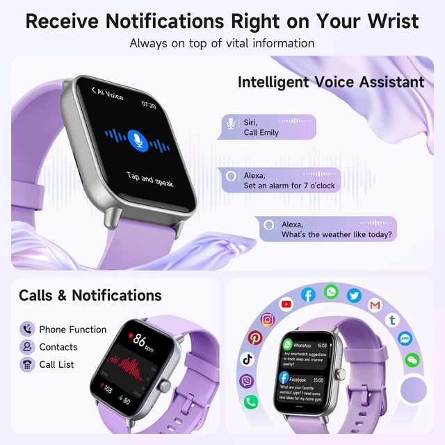 Alt view image 2 of 7 - Smart Watches for Women for Android & iPhone, Alexa Built-in, 1.8" Smartwatch with Heart Rate/SpO2/Sleep/Stress, IP68 Waterproof Fitness Tracker, 101+ Sports Modes, Purple