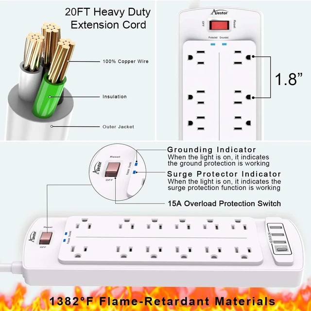 Alt view image 6 of 7 - 20 Ft Surge Protector Power Strip with 12 Outlets and 4 USB Ports 2700 Joules, 20 Feet Heavy Duty Extension Cord with Multiple Outlets for Home, Office, Dorm Room, ETL, White