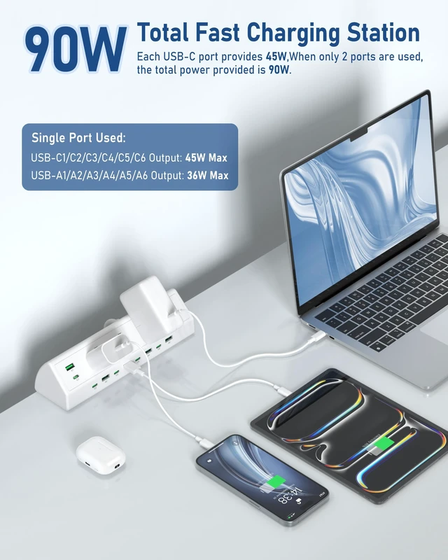 Alt view image 3 of 7 - 90W Desk Clamp Power Strip,12 USB Ports (6 PD 45W USB-C),Surge Protector,ETL Listed Power Hub Extension Cord,Fast Charging Station for Home Office Desk Edge Mount (White, 12 USB-90W)