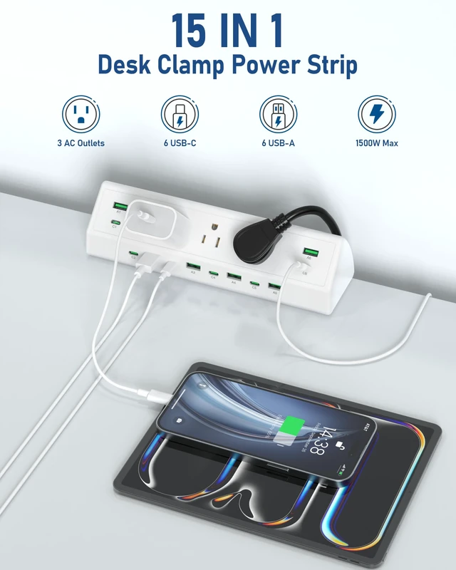 Alt view image 5 of 7 - 90W Desk Clamp Power Strip,12 USB Ports (6 PD 45W USB-C),Surge Protector,ETL Listed Power Hub Extension Cord,Fast Charging Station for Home Office Desk Edge Mount (White, 12 USB-90W)
