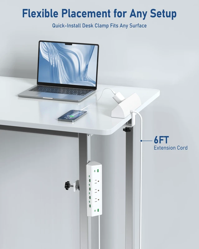 Alt view image 4 of 7 - 90W Desk Clamp Power Strip,12 USB Ports (6 PD 45W USB-C),Surge Protector,ETL Listed Power Hub Extension Cord,Fast Charging Station for Home Office Desk Edge Mount (White, 12 USB-90W)