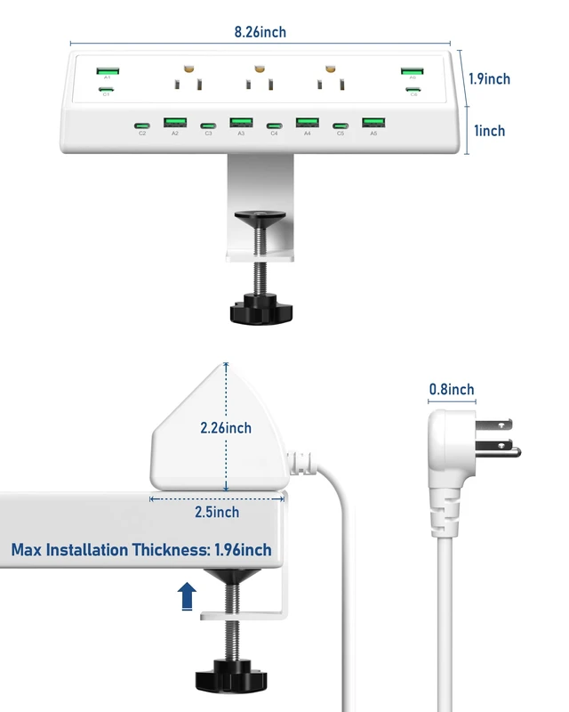 Alt view image 7 of 7 - 90W Desk Clamp Power Strip,12 USB Ports (6 PD 45W USB-C),Surge Protector,ETL Listed Power Hub Extension Cord,Fast Charging Station for Home Office Desk Edge Mount (White, 12 USB-90W)