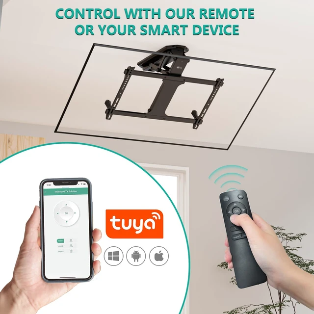 Alt view image 5 of 7 - Motorized Ceiling TV Mount for 32-70 inch TVs, Remote and APP Control Electric Flip Down TV Bracket, Fits Flat Pitched Vaulted Roof, Full Motion with Tilt, Swivel, Max VESA 600x400mm (FCM604)