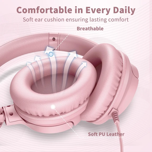 Alt view image 6 of 7 - Wired Headphones with Microphone for School, 3.5mm Corded Headphones, Pink Wired Over Ear Foldable Plug in Headphones, 4.9ft Tangle-Free Nylon Cord for School, Tablet, Laptop, MP3/4, Airplane Travel