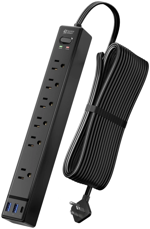 Main image of 15Ft Long Extension Cord, Flat Plug Surge Protector Power Strip 6 Outlets & 3 USB, Flat Plug Power Strip Wall Mountable, Desk Charging Station for Home, Office, College Dorm Room Essentials